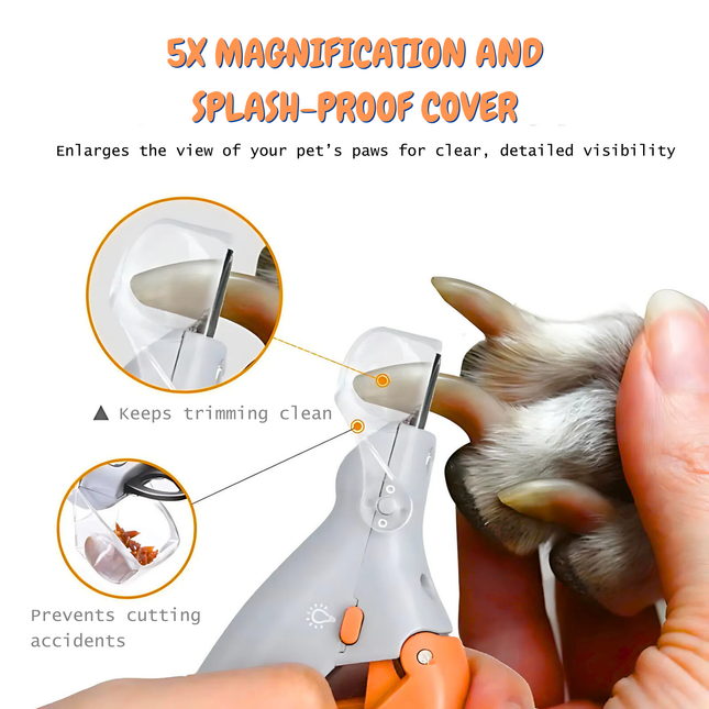 Pet nail trimmer with 5x magnification and splash-proof cover being used on a pet's paw.