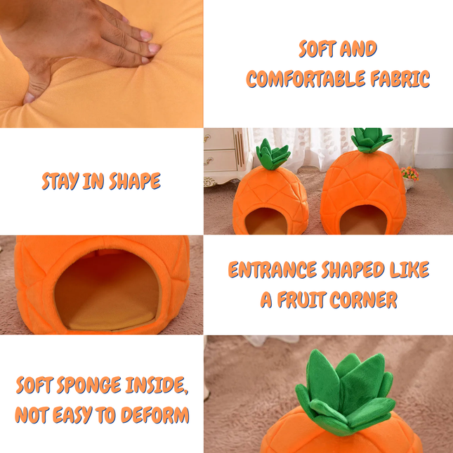 Collage of an orange pet bed with green accents, showing its features and design.