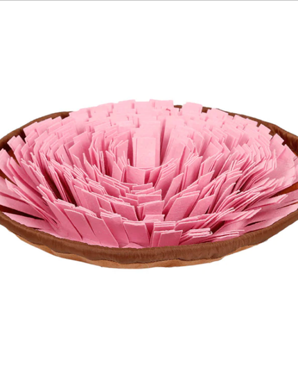 Pink pet bed with brown rim on a white background