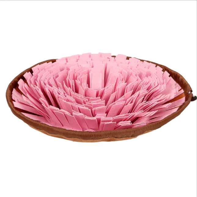 Pink pet bed with brown rim on a white background