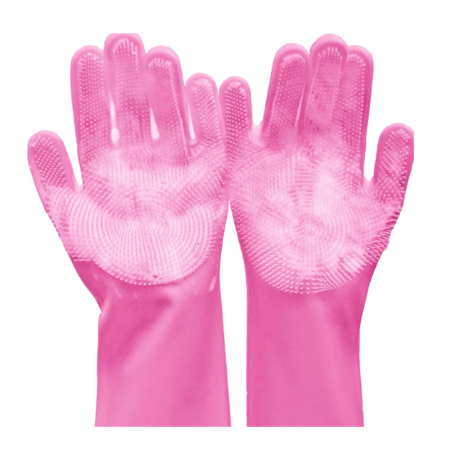 Pair of pink gloves with textured palm on a white background