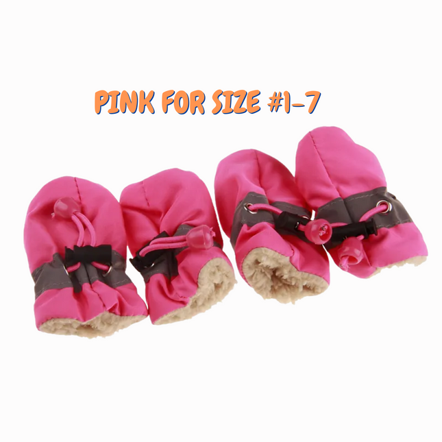 Pink dog boots with brown straps on a white background, labeled 'Pink for size #1-7'.
