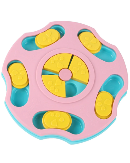 Pink and blue fidget spinner with yellow buttons on a white background