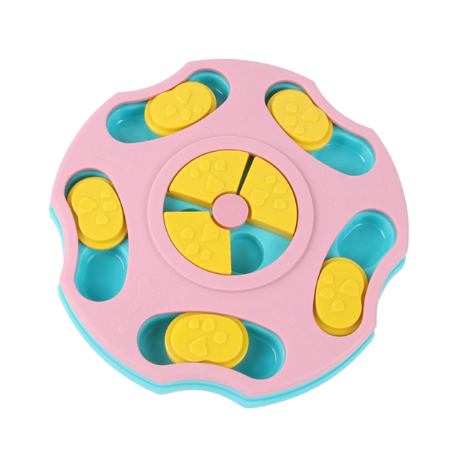 Pink and blue fidget spinner with yellow buttons on a white background