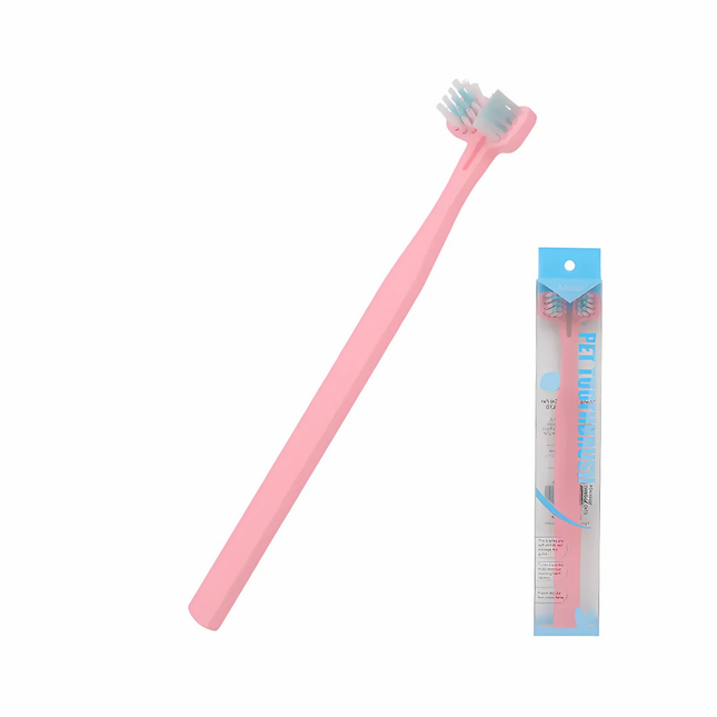 Pink pet toothbrush with blue bristles and packaging on a white background