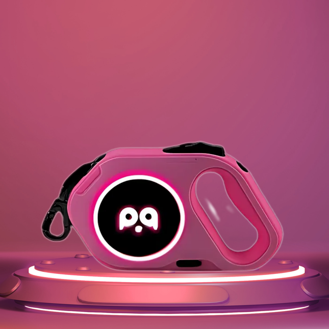 Pink and black device with a logo on a pink platform and background