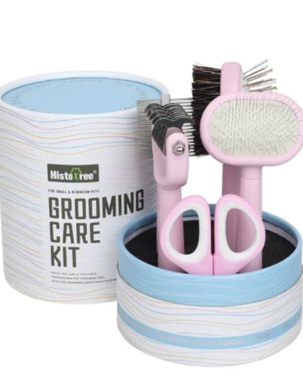 Pet grooming care kit with tools including a brush, comb, and scissors in a striped container.