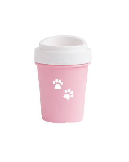 Pink reusable cup with white paw prints on a white background