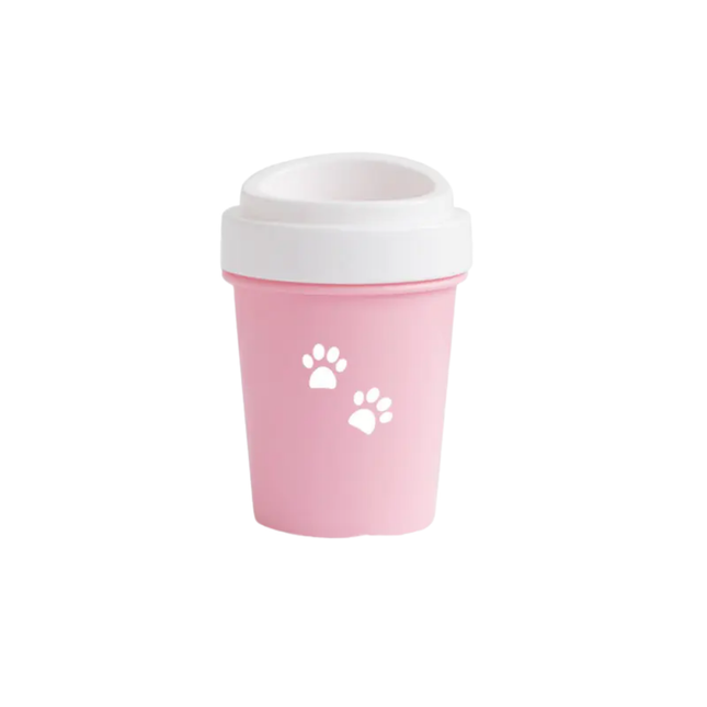 Pink reusable cup with white paw prints on a white background