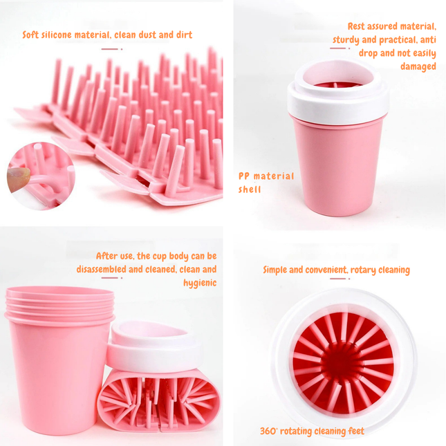 Pink cleaning brush and cup set with text describing features on a white background