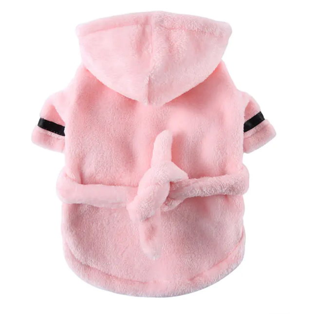 Pink fleece pet coat with black trim on a white background