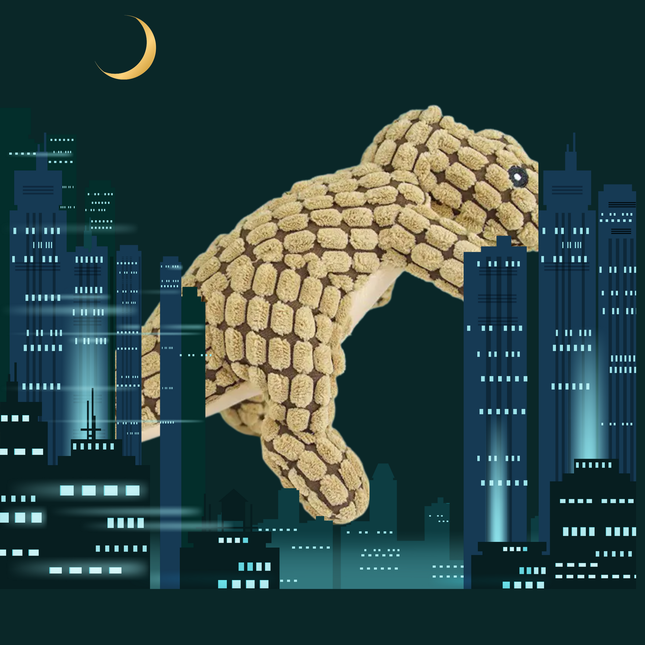 Dog toy shaped like a dog in front of a cityscape at night