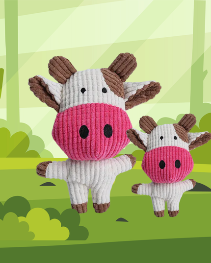 Two knitted cow toys with pink faces and brown ears against a green forest background.