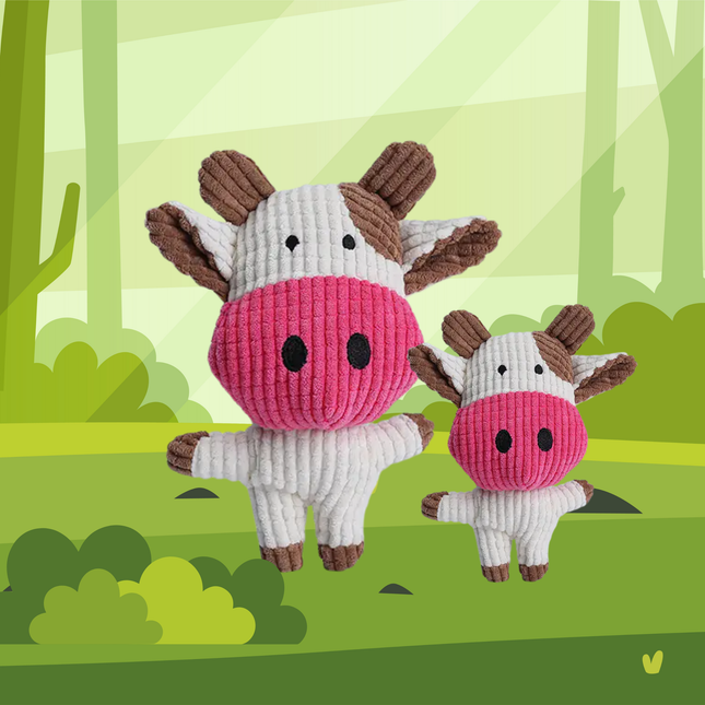 Two knitted cow toys with pink faces and brown ears against a green forest background.
