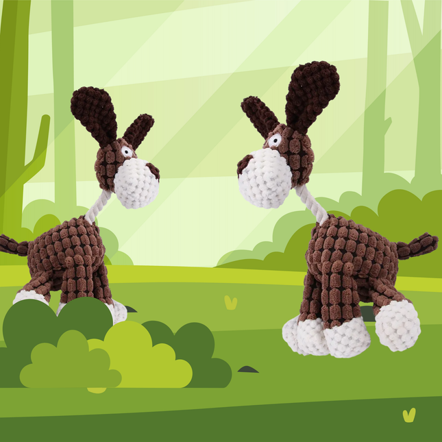 Two crochet donkeys on a green forest background