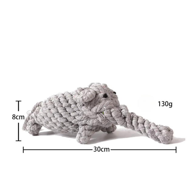Gray dog toy with measurements on a white background