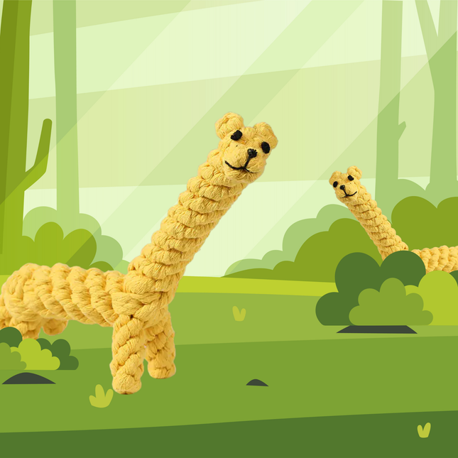 Toy giraffe in a forest setting