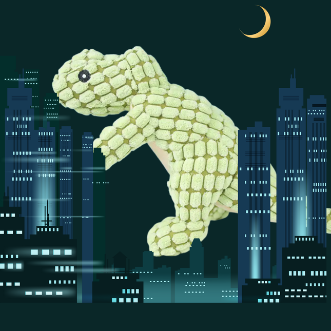 Lizard-like creature made of green blocks against a cityscape at night