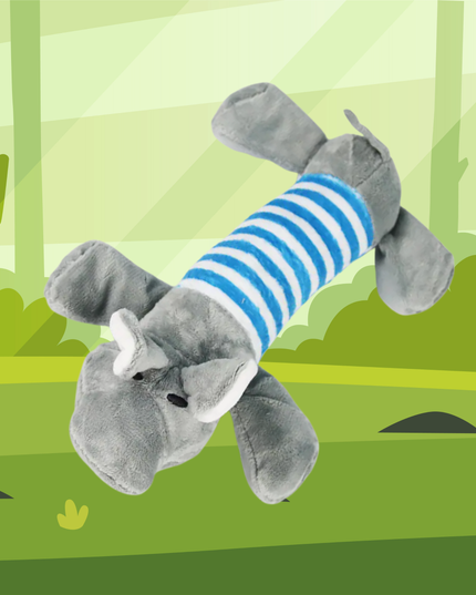 Plush elephant toy with a striped blue body against a green forest background