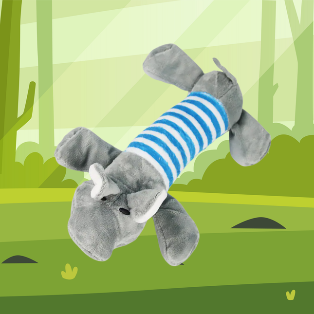 Plush elephant toy with a striped blue body against a green forest background