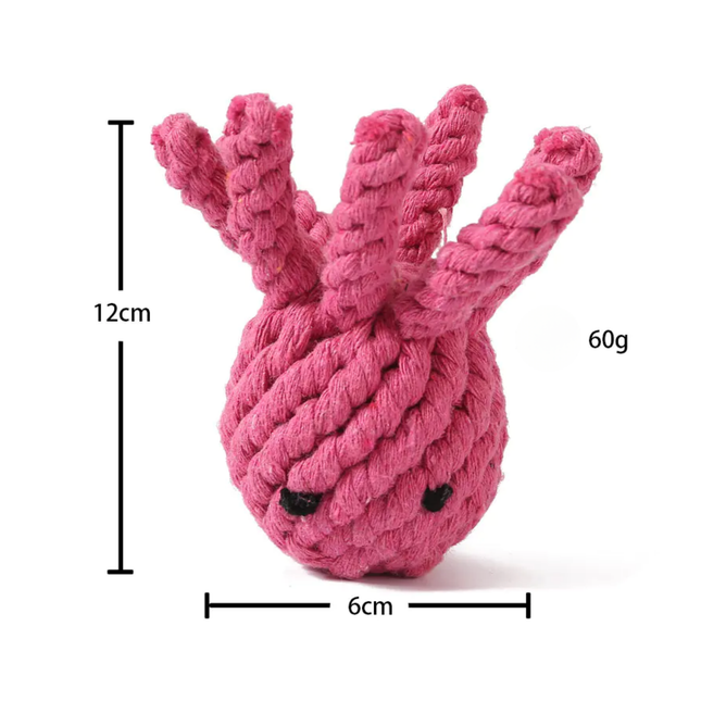 Pink knotted rope toy with measurements on a white background