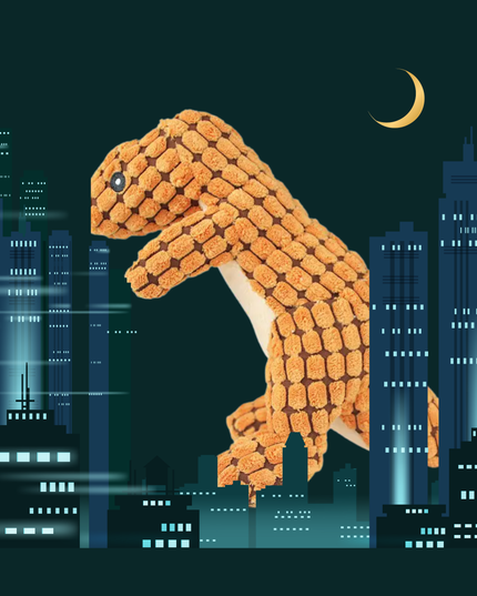 Dinosaur-shaped toy in a cityscape at night