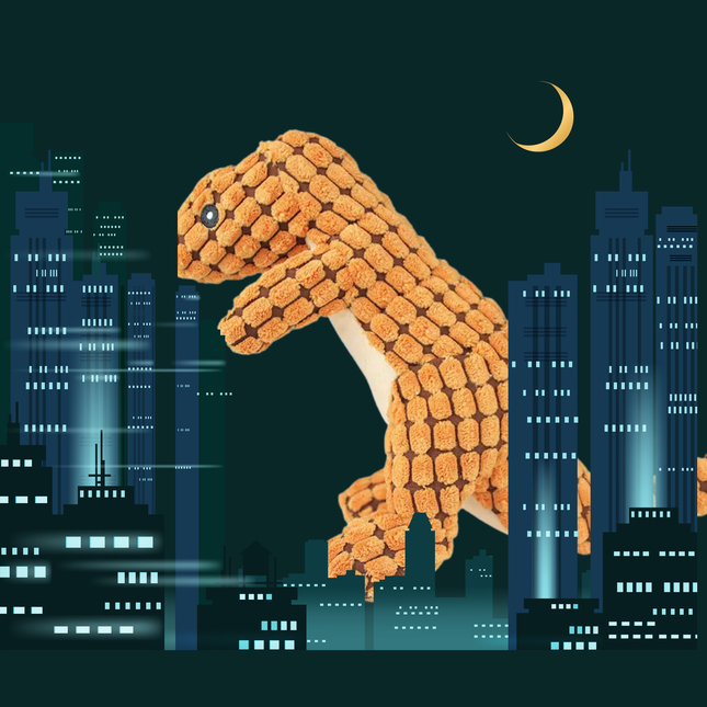Dinosaur-shaped toy in a cityscape at night