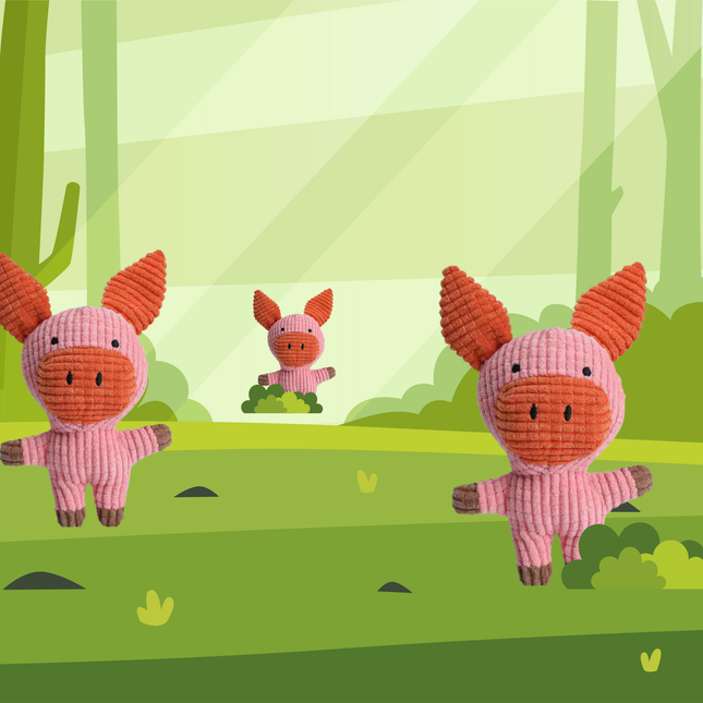 Three pink cartoon pigs with orange snouts on a green background