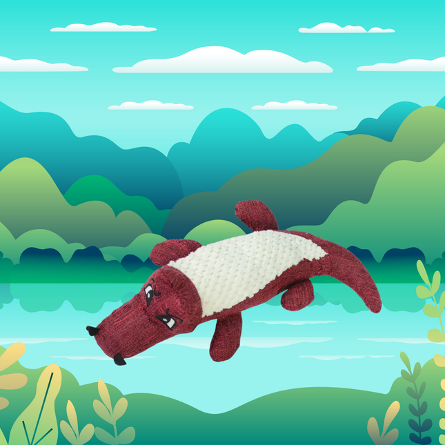 Plush toy resembling a platypus against a stylized landscape background