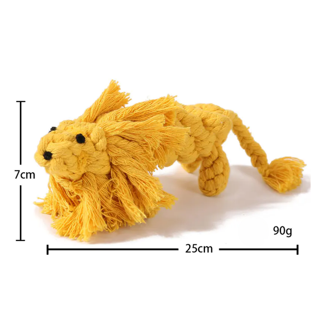 Yellow lion-shaped toy with measurements on a white background