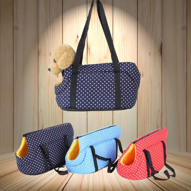 Four polka dot pet carriers in blue, red, and black with a wooden background.
