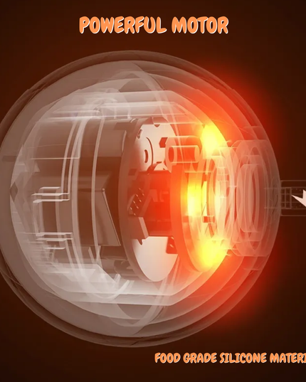 Translucent motor with glowing core on a dark background, labeled 'Powerful Motor' and 'Food Grade Silicone Material'.