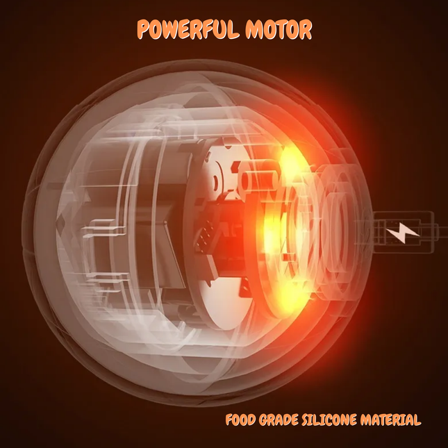 Translucent motor with glowing core on a dark background, labeled 'Powerful Motor' and 'Food Grade Silicone Material'.