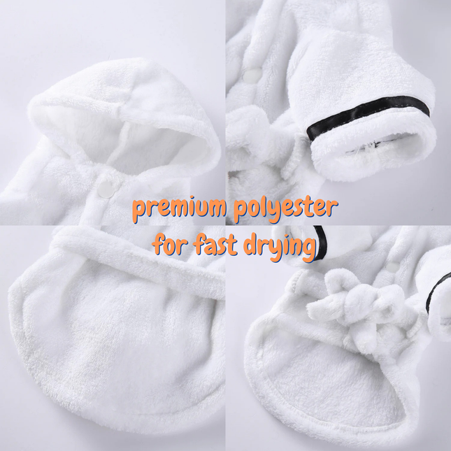 White towels with text 'premium polyester for fast drying' on a light gray background