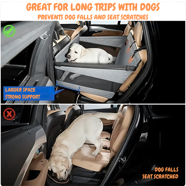 Car seat cover for dogs with text highlighting benefits and issues