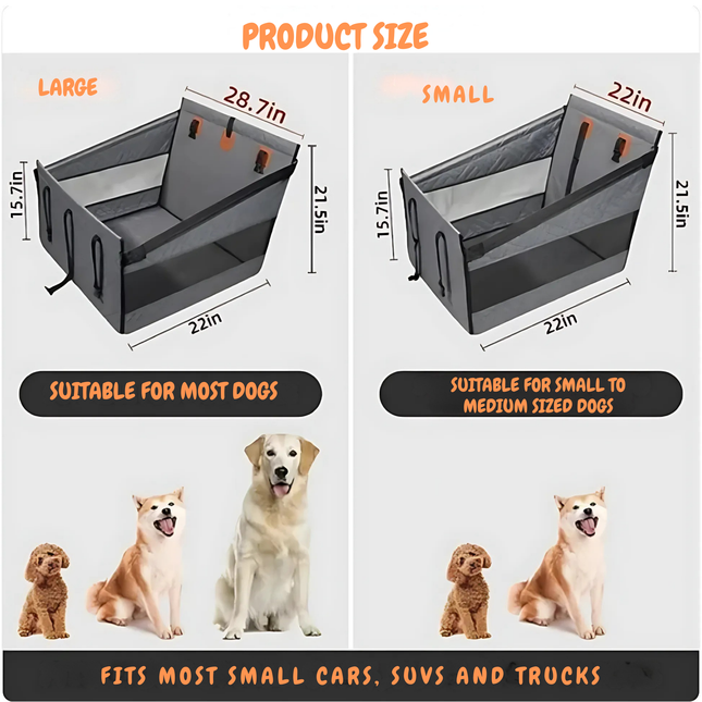 Comparison of large and small pet carriers with dimensions and dog size suitability.