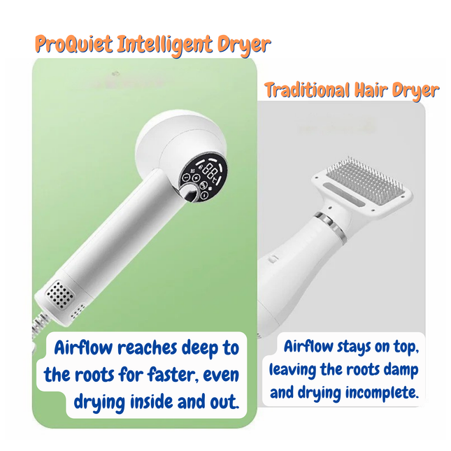 Comparison of ProQuiet Intelligent Dryer and Traditional Hair Dryer with text describing airflow differences.