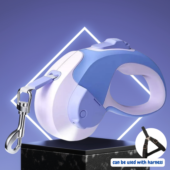 Blue and white retractable dog leash with carabiner on a dark background