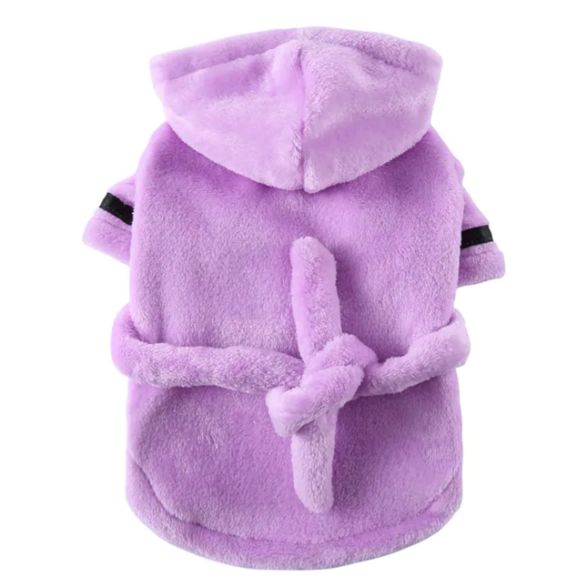 Purple fleece pet coat with a hood on a white background