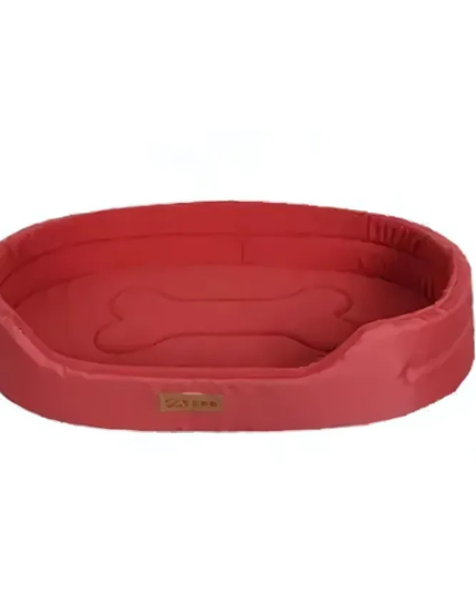 Red pet bed with a bone design on a white background