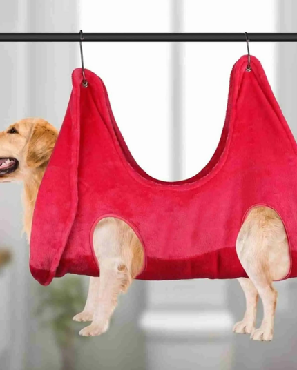 Dog wearing a red pet hammock hanging from a rod.