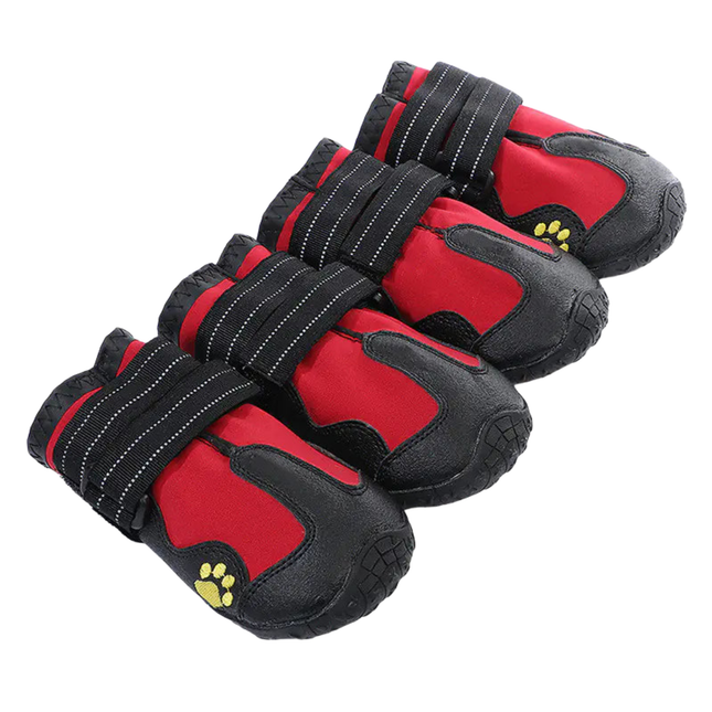 Red and black pet boots with paw design on a white background