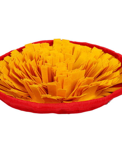 Red pet bed with yellow spikes on a white background