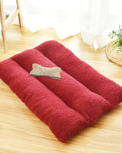 Red pet bed on a wooden floor with a plant in the background