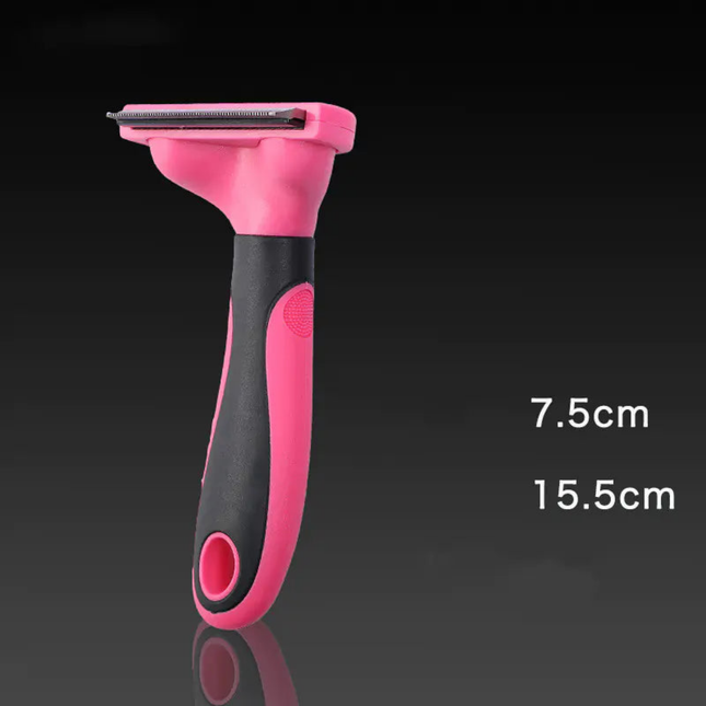 Pink and black pet grooming tool with measurements on a dark background
