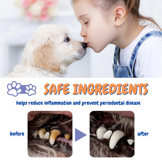 Child kissing a puppy with text about safe ingredients for pet health.