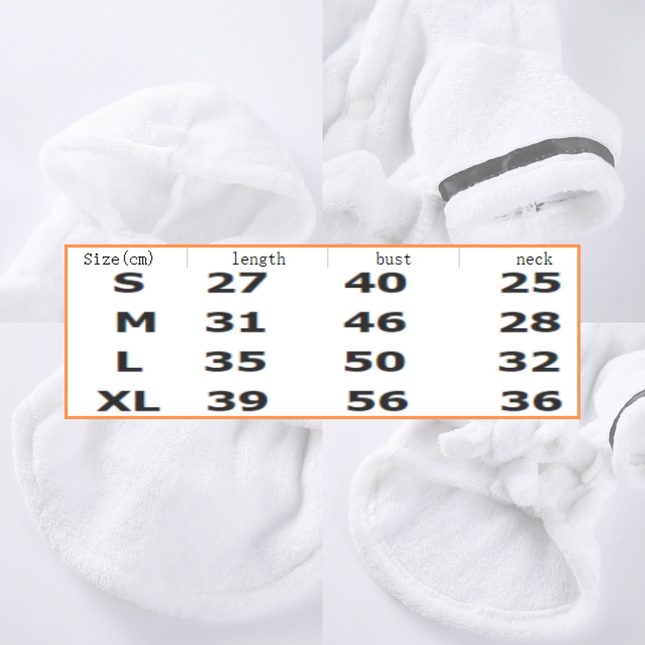 White garment with size chart overlay on a white background