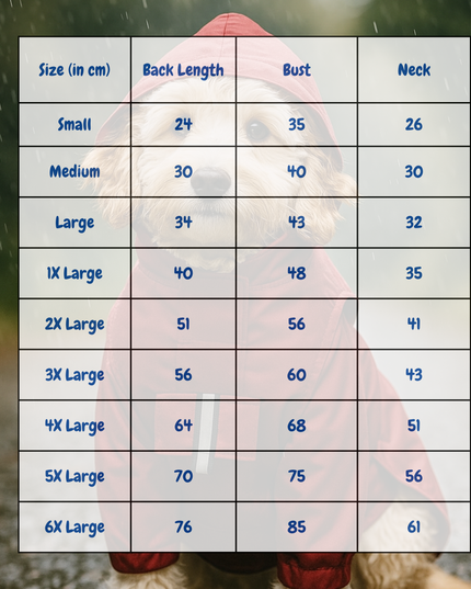 Measurement chart for a garment with size, back length, bust, and neck dimensions.