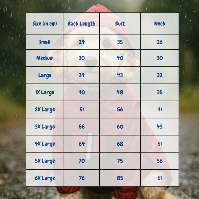 Measurement chart for a garment with size, back length, bust, and neck dimensions.