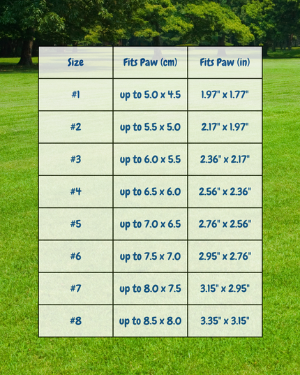 Size chart for paw pads on a grassy background